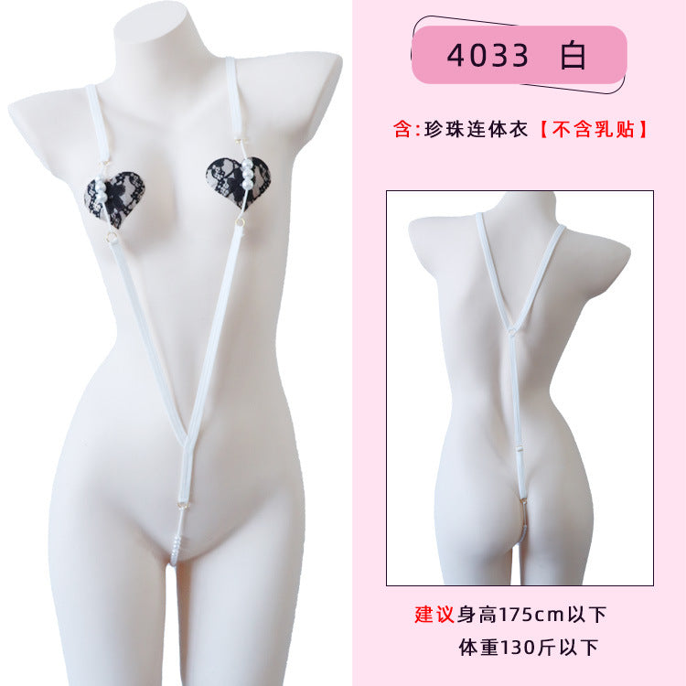 Image of Erotic underwear women's erogenous belt pearl jumpsuit simple webbing pajamas wholesale one piece dropshipping 4033